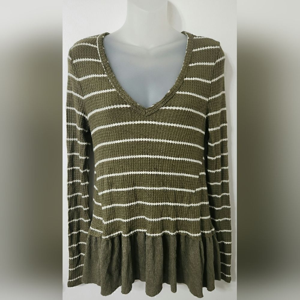 Anthropologie Eri + Ali Women's Long Sleeve Top Size S Olive Green White Stripes